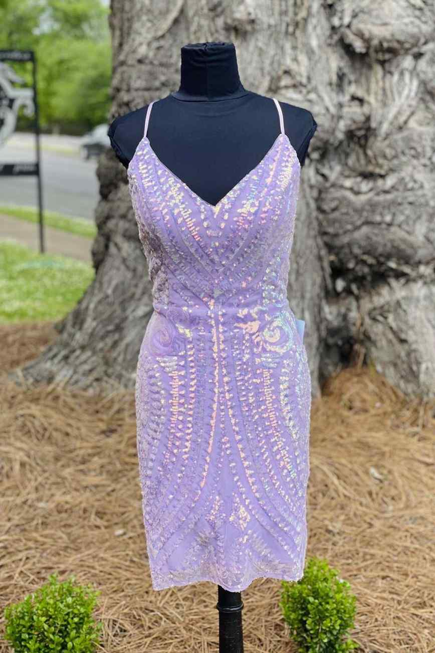 Lavender Sequins Tight Mini Party Dress gh1533