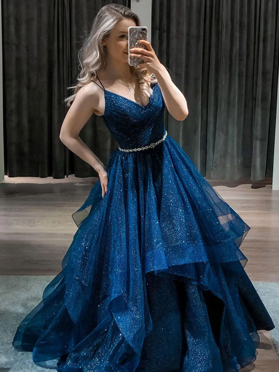 Blue v neck tulle sequin long prom dress blue formal dress gh913