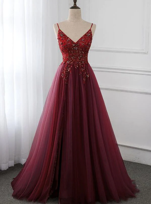 Gorgeous Wine Red Beaded Floor Length Party Dress,Burgundy Junior Prom Dress gh216