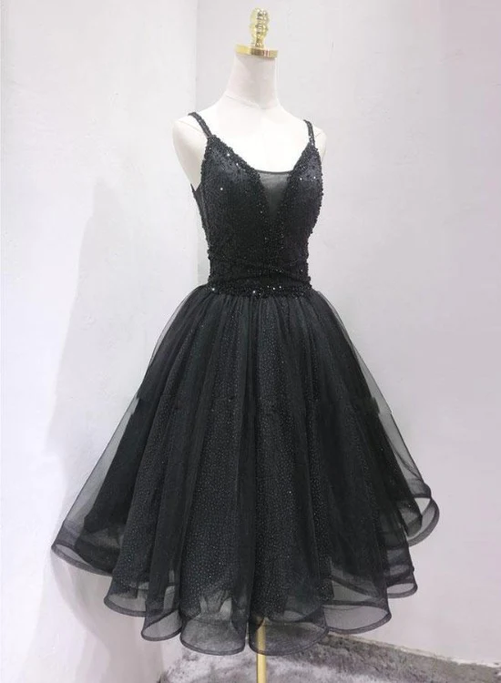 Black Tulle And Beaded Knee Length Straps Homecoming Dress, Black Short Prom Dresses gh75