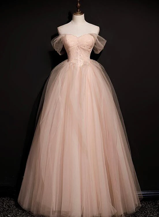 Pink Tulle Princess Beaded And Lace Long Formal Dress, Pink Party Dress Evening Dress gh90