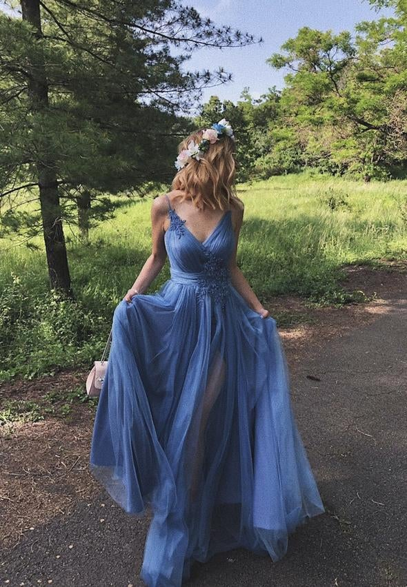 Blue tulle lace long prom dress evening dress gh1061