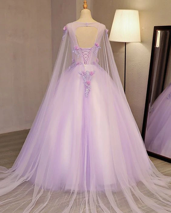 Charming Lavender Tulle Flowers Long Prom Dress, Sweet 16 Gowns gh380