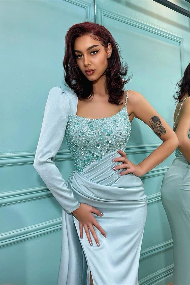 Elegant One Shoulder Long Sleeve Sequins Mermaid Prom Dress With Split gh785