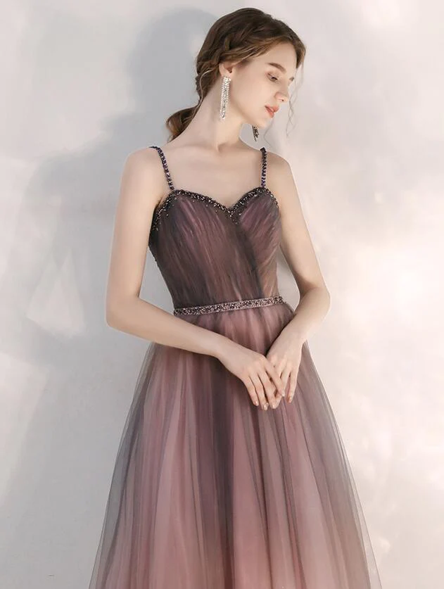 Beautiful Gradient Tulle Straps Sweetheart Long Party Dress, Long Junior Prom Dresses gh23