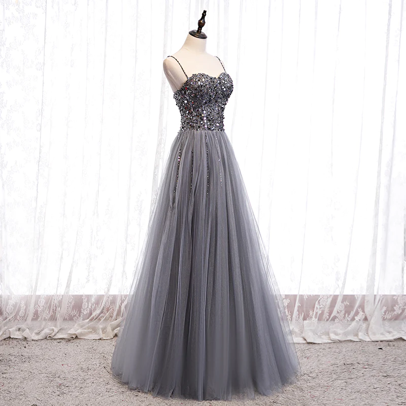 Grey Beaded Straps Sweetheart Shiny Tulle Long Party Dresses, Grey Long Prom Dresses gh22