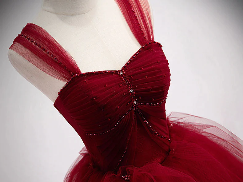 Gorgeous Wine Red Tulle Ball Gown Long Prom Dress Formal Dress, Burgundy Sweet 16 Dresses gh14
