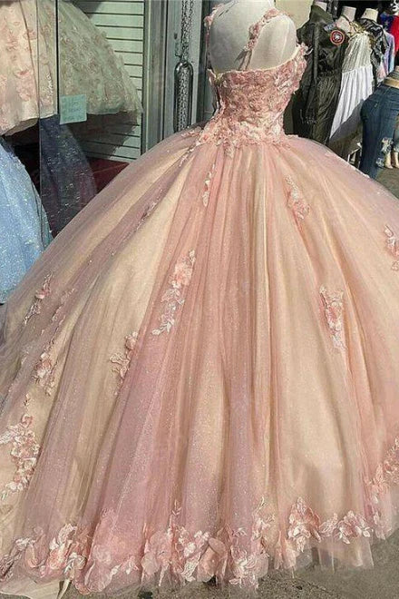 Vestidos de quinceañera de tul con apliques de corazón en rosa retro, corte A, con flores 3D, para 18 cumpleaños, TP4122