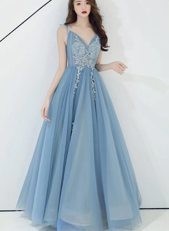 Charming Blue V-Neckline Tulle Party Dress With Staps, Long Prom Dress gh373