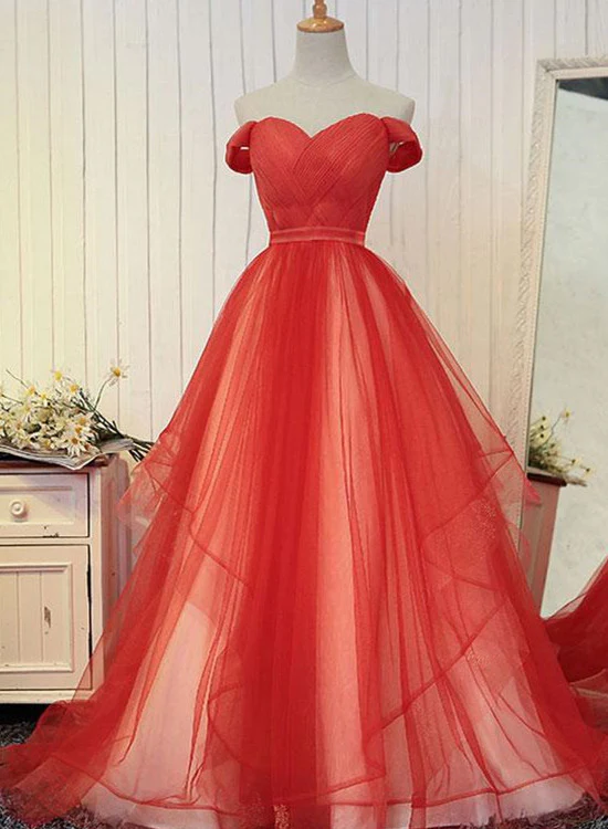 Hot Red Tulle Party Gown, Off The Shoulder Women Formal Dress gh537