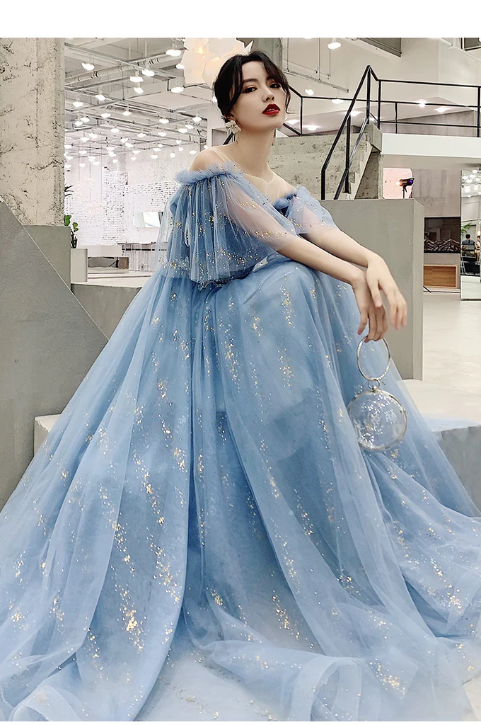Light Blue Tulle Off Shoulder With White Lace Party Dress, Blue Formal Dress Gowns gh32