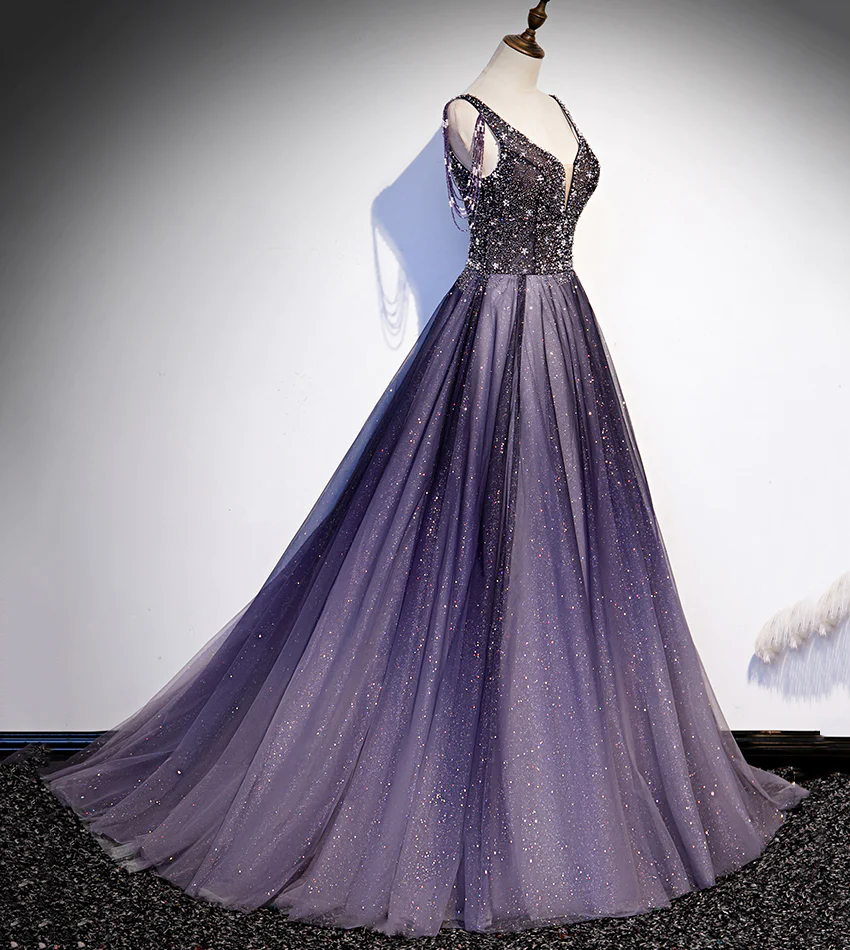 Charming Purple Gradient Tulle V-Neckline Long Party Dress, A-Line Prom Dress gh244