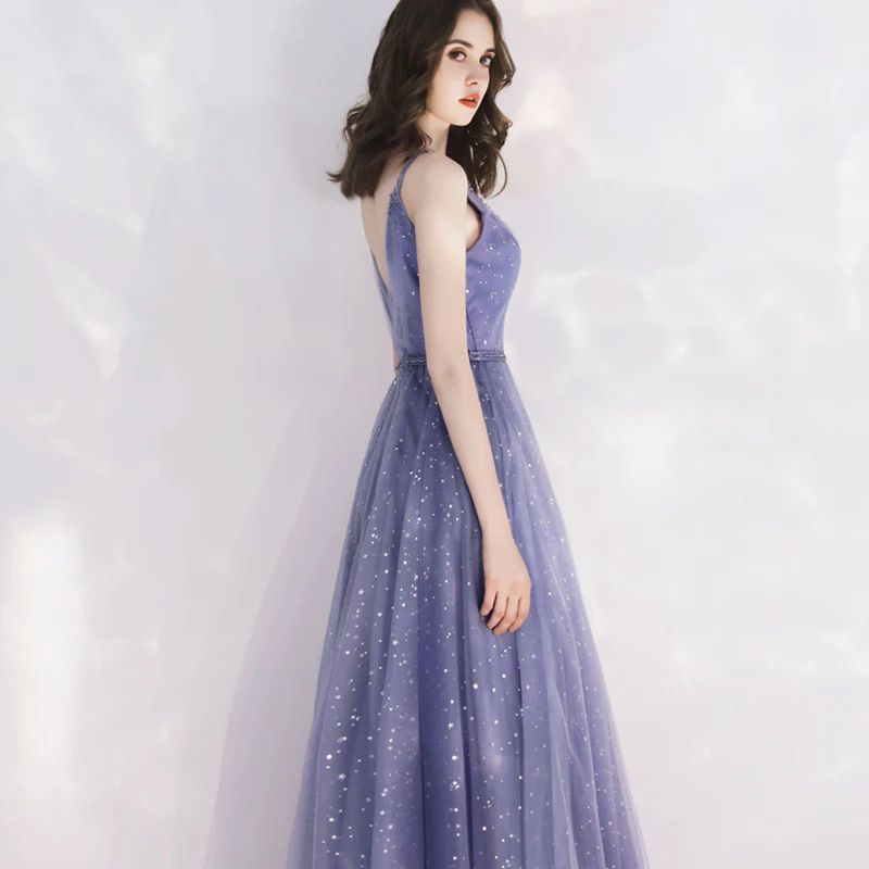 Charming Tulle Purple V-Neckline Long Formal Dress, Shiny Tulle Low Back Wedding Party Dress gh96