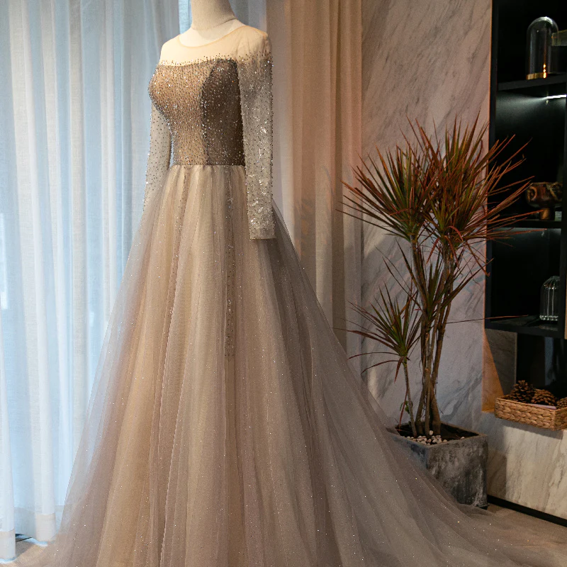 Light Grey Beaded Long Sleeves Fashionable Tulle Evening Dress, Tulle Grey Prom Dress Party Dress gh91