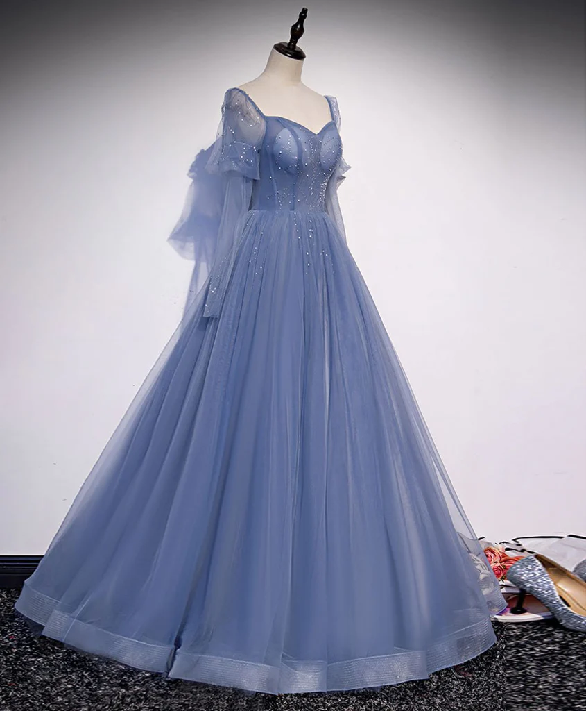 Blue Tulle Beaded Sweetheart Unique Long Prom Dress, Blue Evening Dress Formal Dress gh103