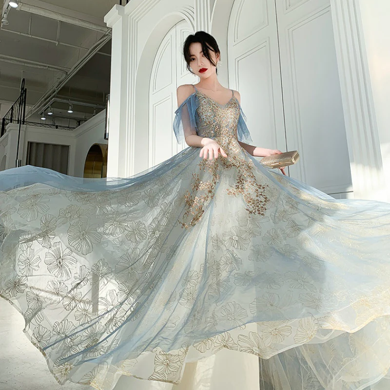 Charming Lace Light Blue V-Neckline Long Prom Dress, A-Line Formal Dress Evening Dress gh204