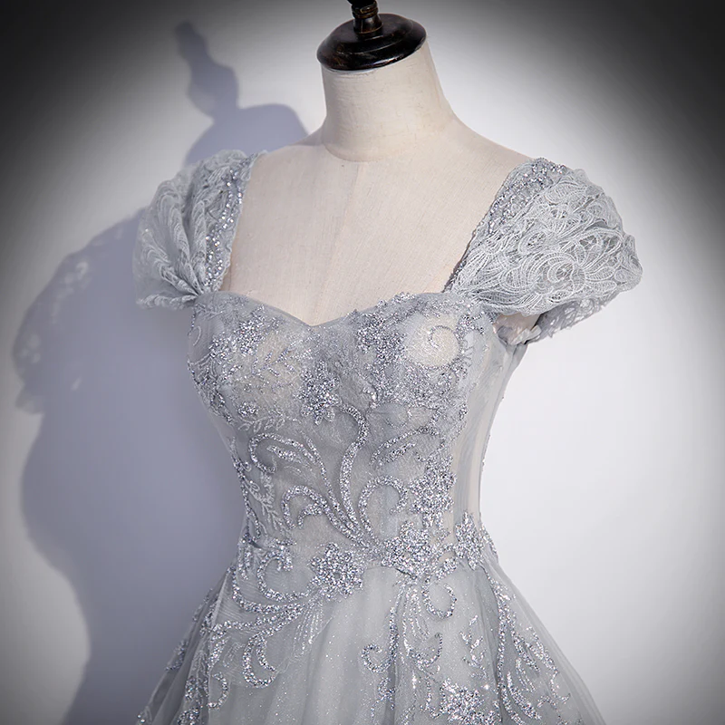 Grey Sweetheart Lace And Tulle A-Line Evening Dress, Light Grey Prom Dress gh54