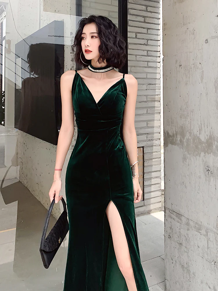 Dark Green Velvet Long Straps Floor Length Party Dress, Green Prom Dress Formal Dress gh33