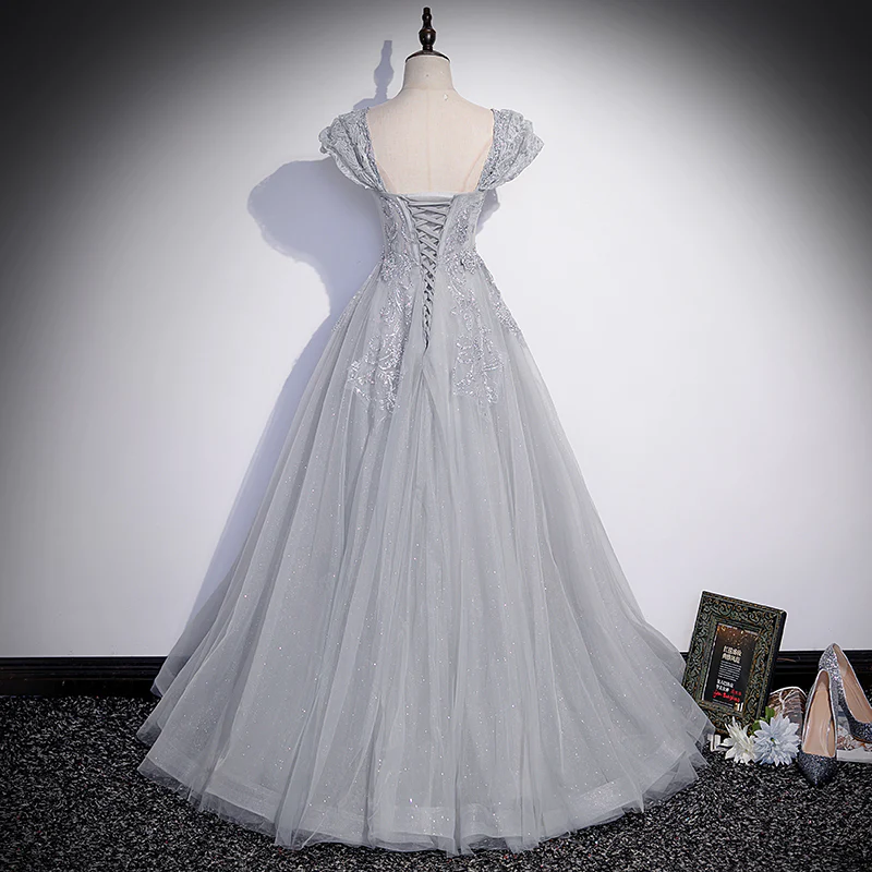 Grey Sweetheart Lace And Tulle A-Line Evening Dress, Light Grey Prom Dress gh54