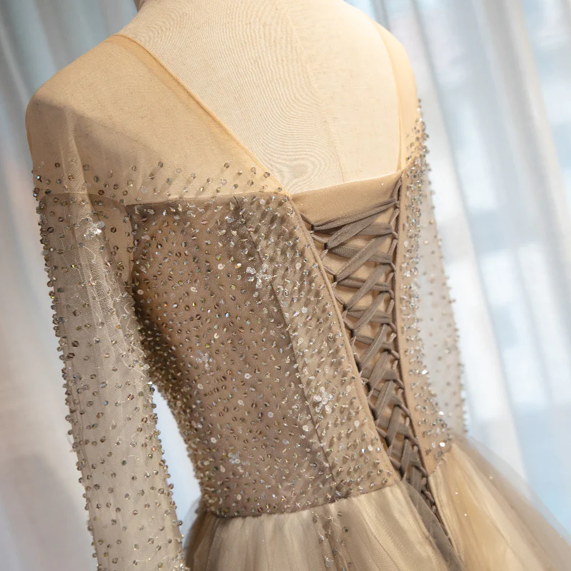 Light Grey Beaded Long Sleeves Fashionable Tulle Evening Dress, Tulle Grey Prom Dress Party Dress gh91