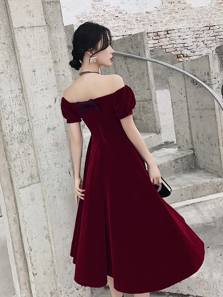 Wine Red Short Velvet Evening Dresses, Off Shoulder Prom Dresses Bridesmaid Dress gh233