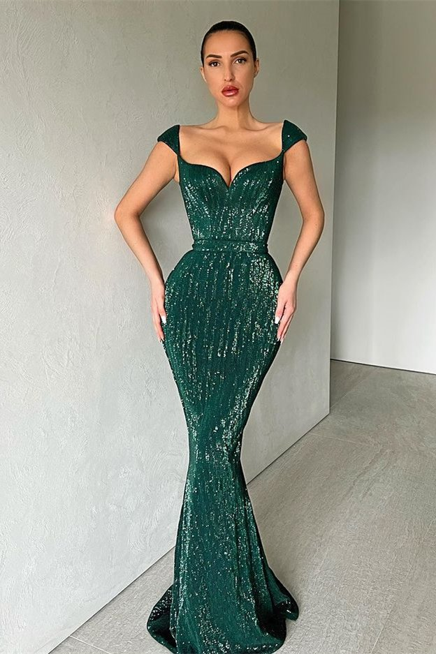 Cap Sleeves Long Sequins Prom Dress Mermaid gh657