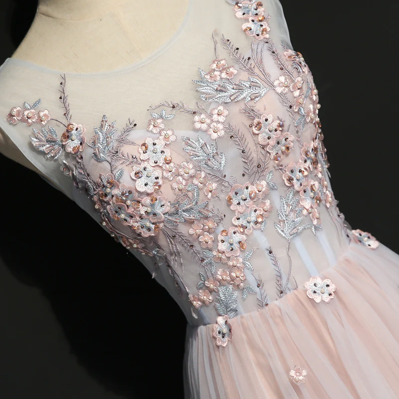 Light Pink Floral Tulle A-Line Prom Dress Long Party Dress gh401