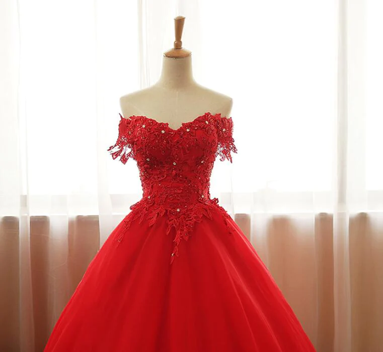 Red Off Shoulder Long Party Dress, A-Line Tulle Evening Dress Formal Gown gh102