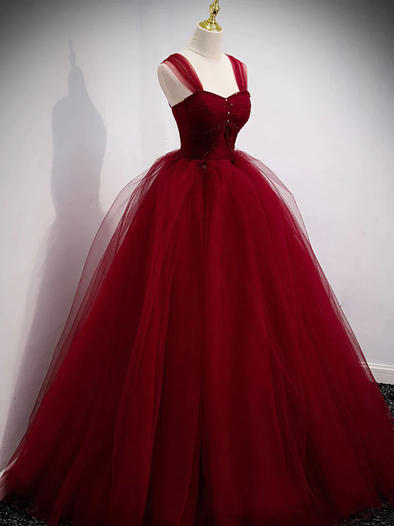 Gorgeous Wine Red Tulle Ball Gown Long Prom Dress Formal Dress, Burgundy Sweet 16 Dresses gh14