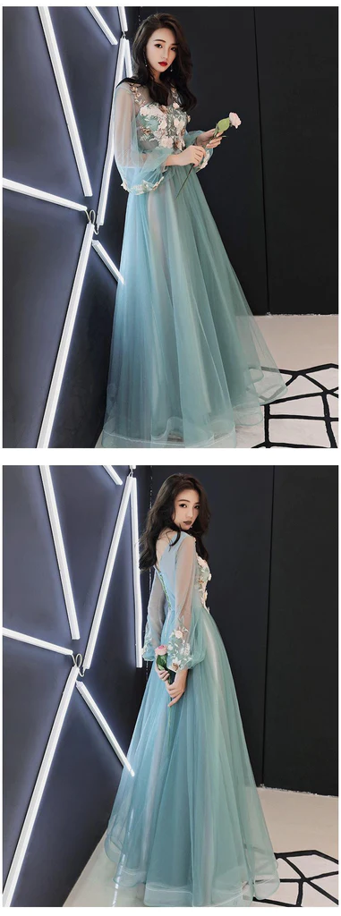 Light Green Tulle Long Party Dress With Flowers, Long Formal Dresses gh359