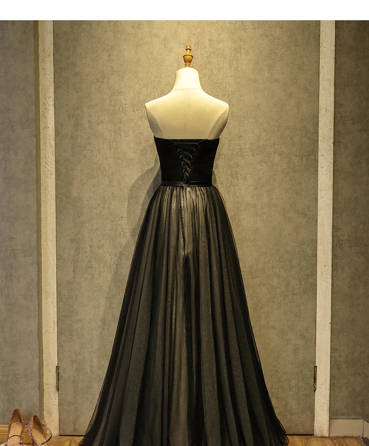 Simple Black Sweetheart A-Line Long Tulle Party Dress, Black Evening Gown gh281