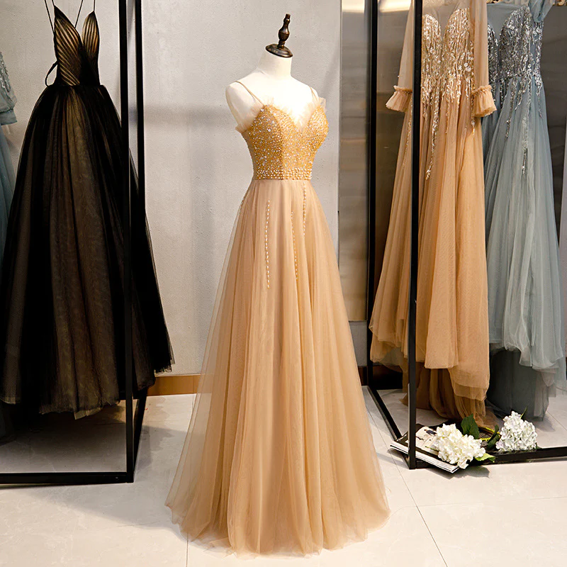 Champagne Sequins Tulle Straps Long Evening Dress Party Dress, Sweetheart Prom Dress gh25