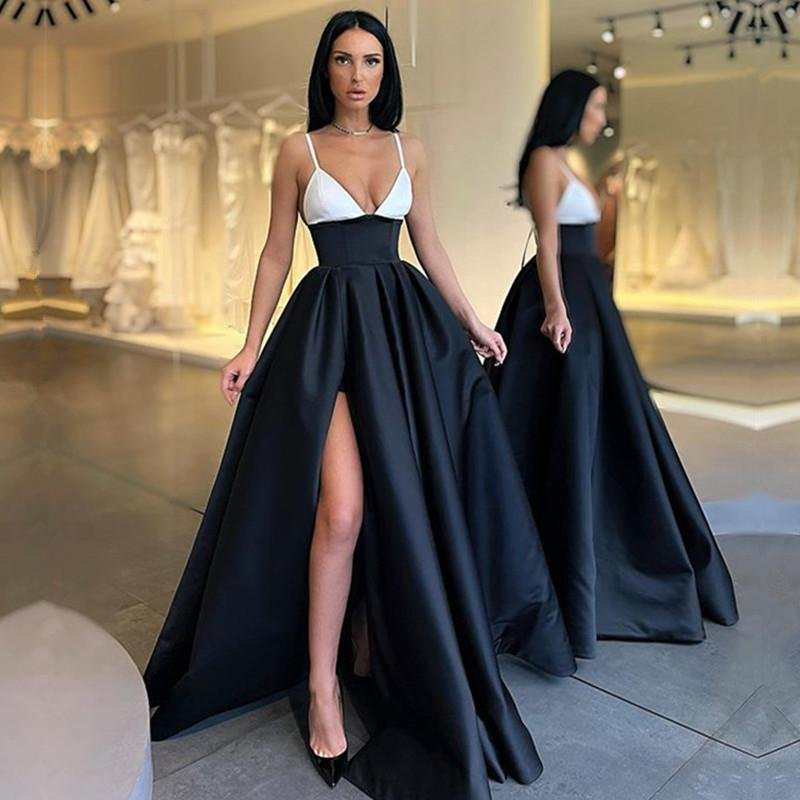 Black and White Spaghetti-Straps Prom Dress gh646