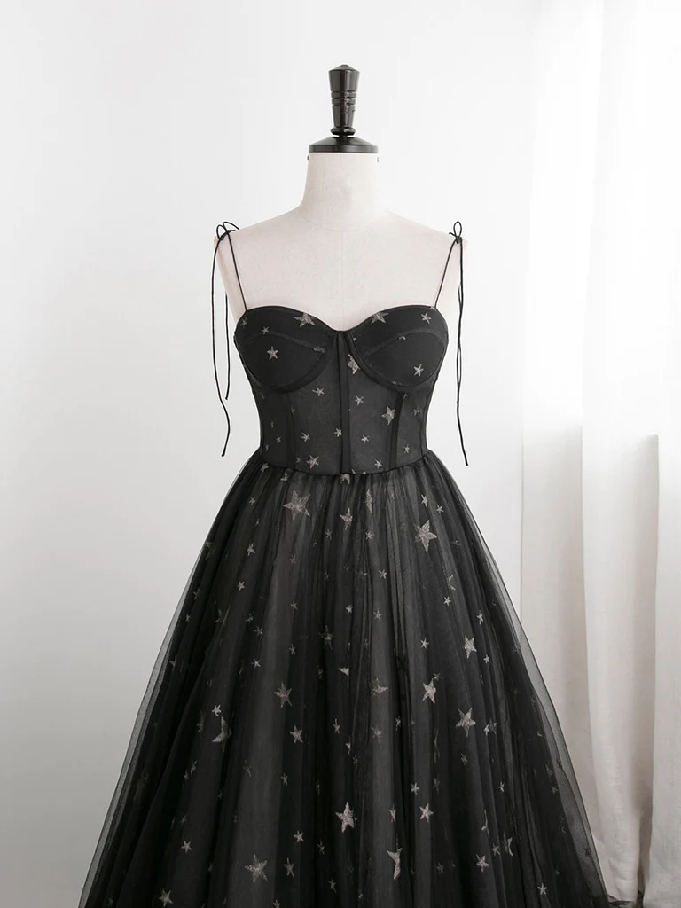 Black Sweetheart Tulle Straps Long Evening Dress, Black Formal Dress Party Dresses Prom dress gh11