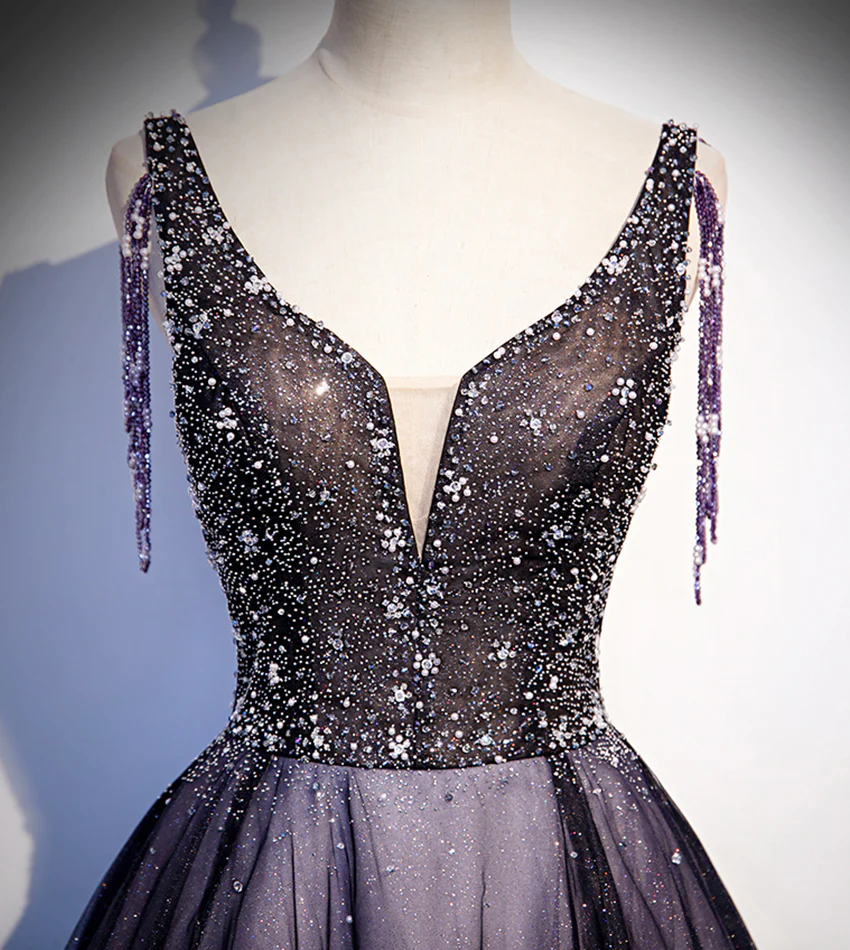 Charming Purple Gradient Tulle V-Neckline Long Party Dress, A-Line Prom Dress gh244