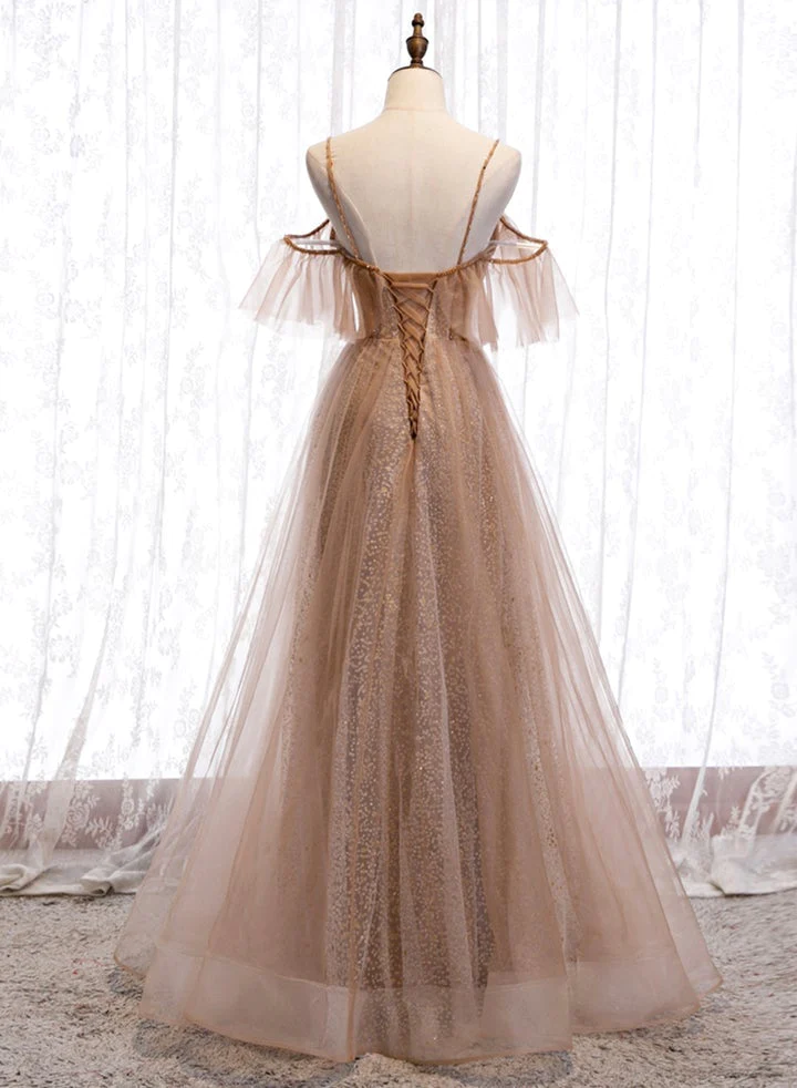 Champagne Tulle Off Shoulder Straps A-Line Prom Dress, Long Evening Dress Party Dress gh26