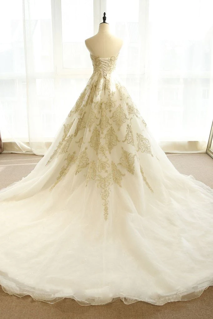 Charming Ivory Tulle Long Wedding Party Dress With Lace, A-Line Tulle Prom Dress Party Dress gh82