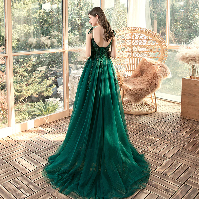 Green Beaded V-Neckline Straps Tulle Long Formal Dress, Dark Green A-Line Prom Dress gh78