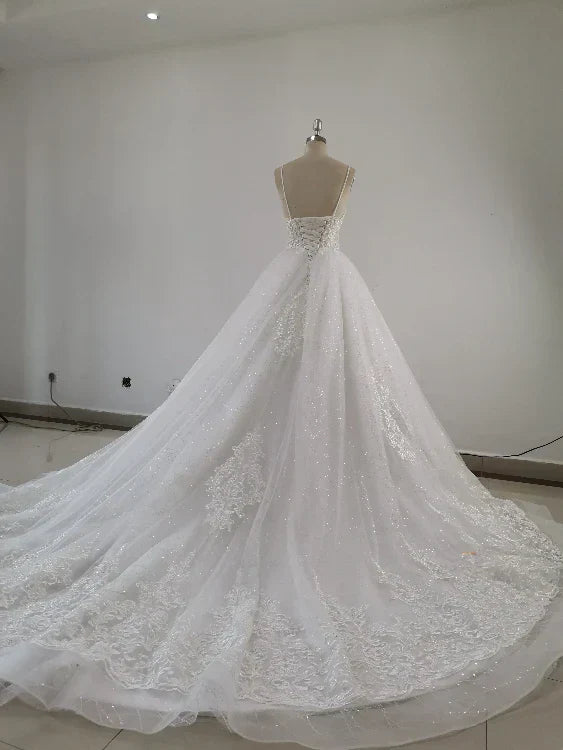 Beautiful Handmade Straps Lace Tulle Wedding Dress, Long Bridal Gown gh435