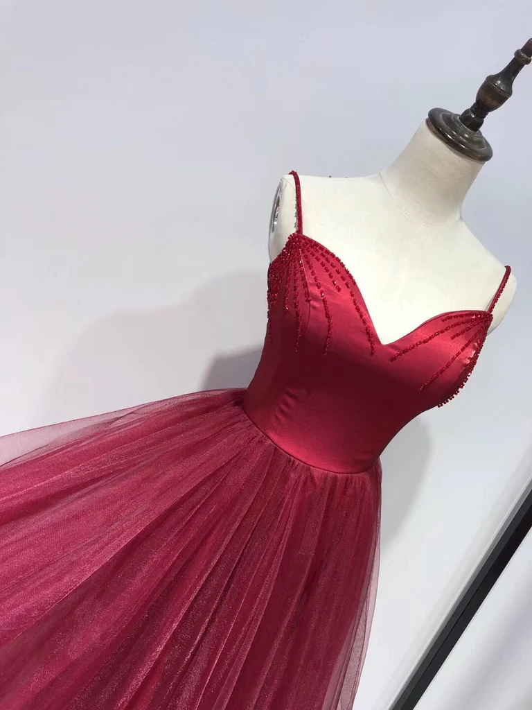 Beautiful Wine Red Straps Beaded Tea Length Wedding Party Dress, Prom Dress gh589