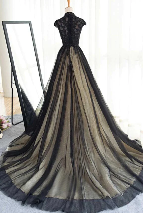 Beautiful Black Prom Dresses High Neck Sweep Train Prom Dress, Black Party Dress gh437