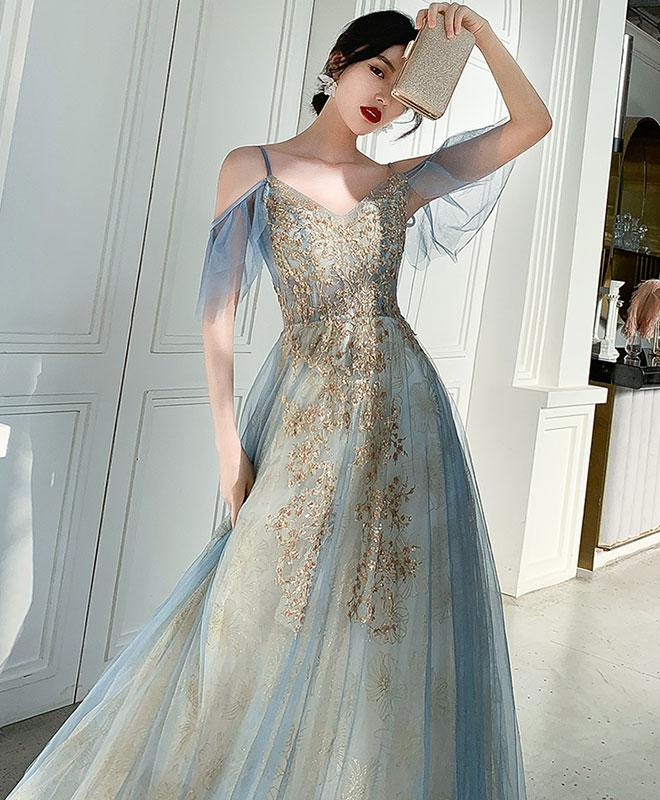 Charming Lace Light Blue V-Neckline Long Prom Dress, A-Line Formal Dress Evening Dress gh204