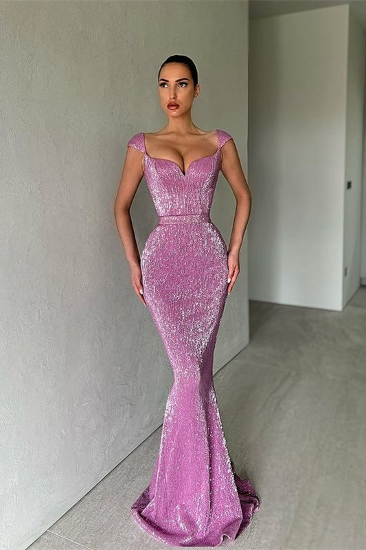 Cap Sleeves Long Sequins Prom Dress Mermaid gh657