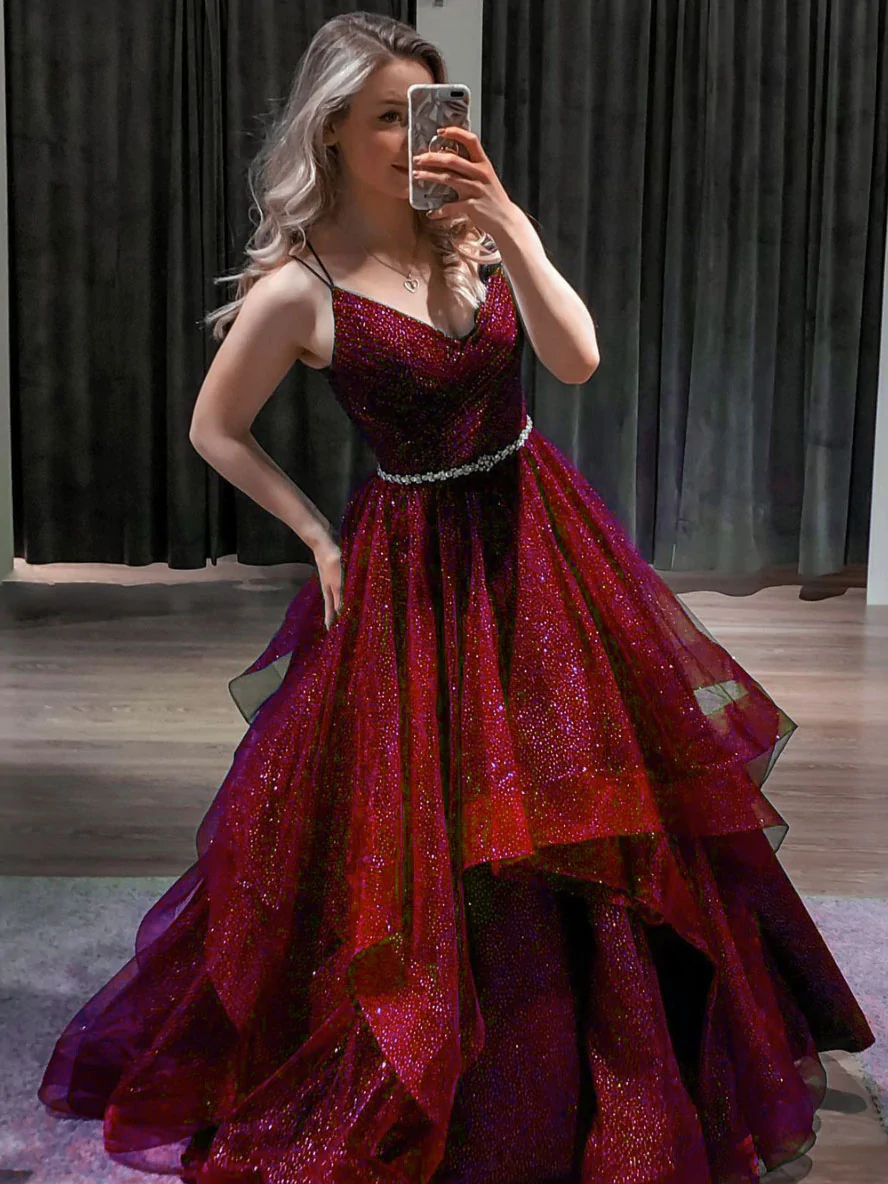 Blue v neck tulle sequin long prom dress blue formal dress gh913