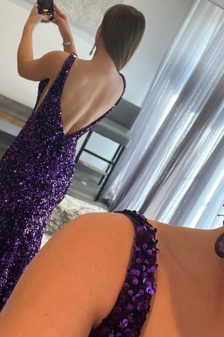 Purple V-Neck Long Mermaid Prom Dress With Sequins gh748