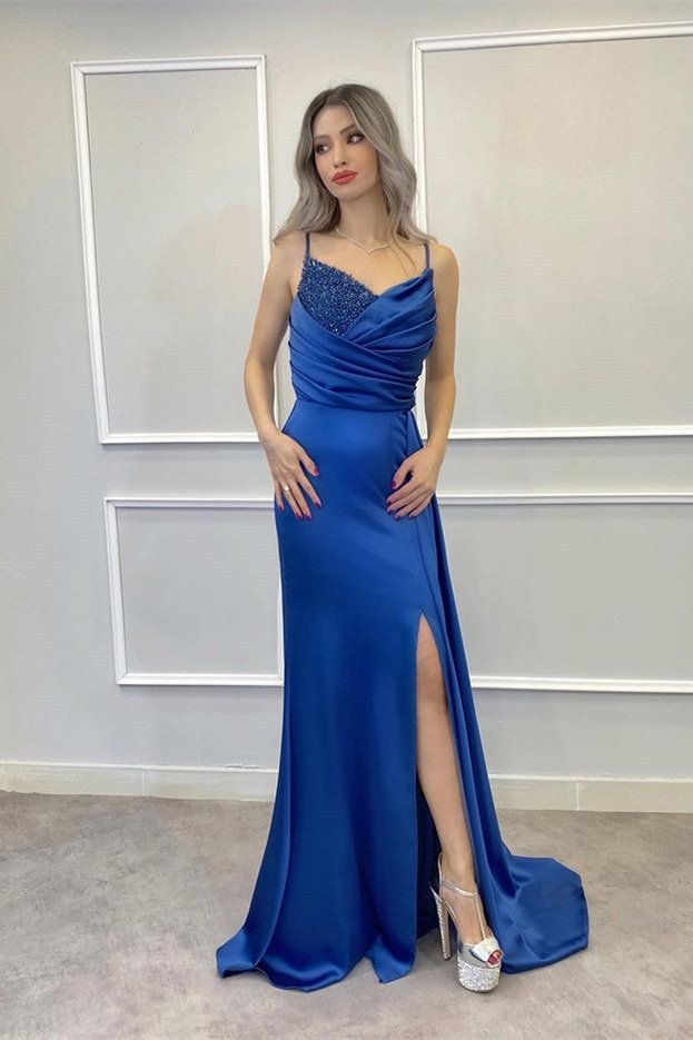 Spaghetti-Straps Beadings Long Mermaid Prom Dress Split With Ruffles gh758