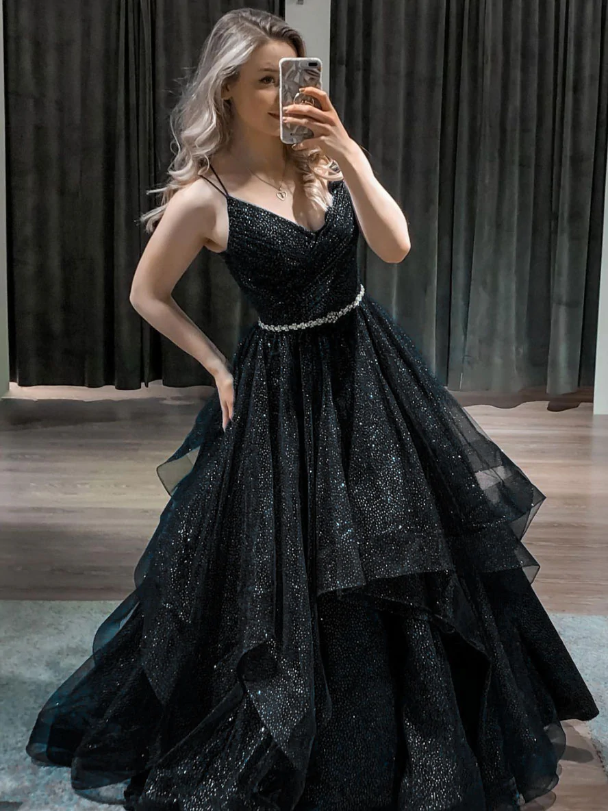Blue v neck tulle sequin long prom dress blue formal dress gh913
