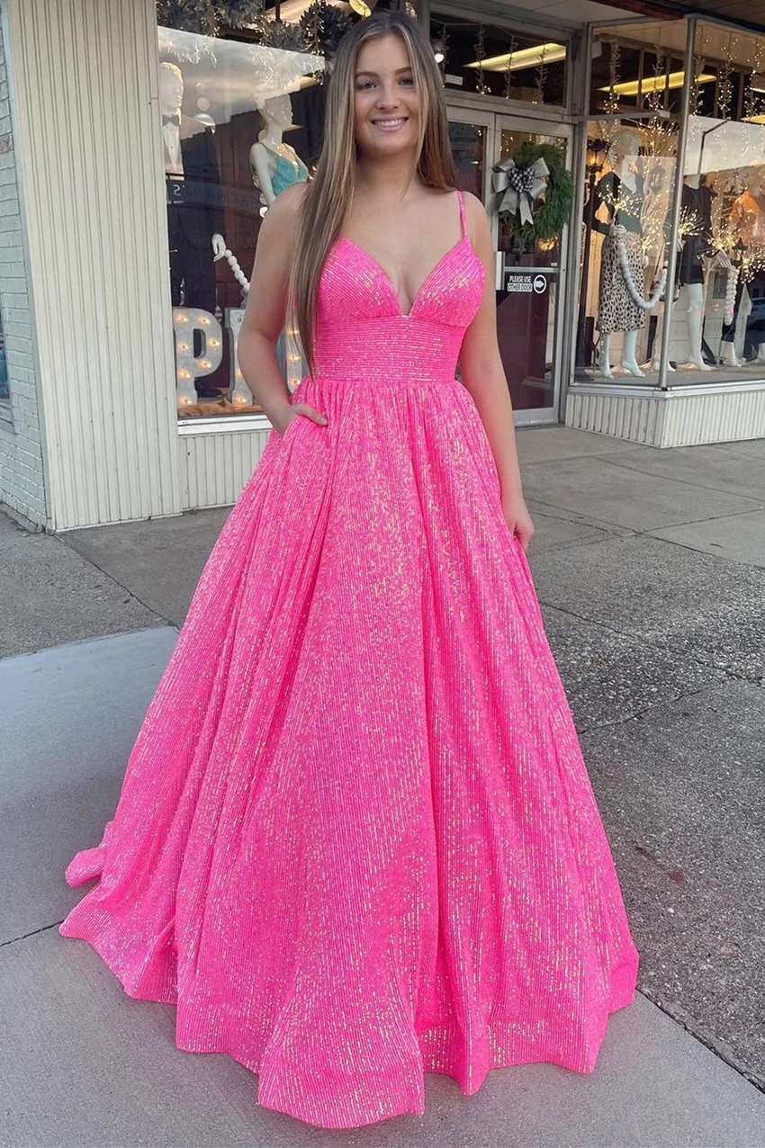 Pink Sequin Empire Long Prom Dress gh1101