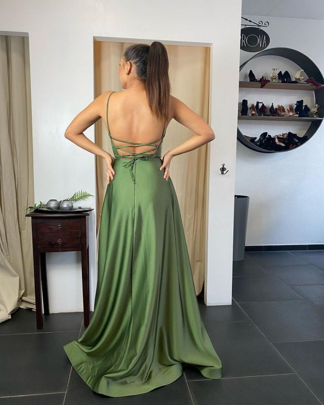 Sexy Spaghetti Straps Satin Ruffles Slit Prom Dress gh1059
