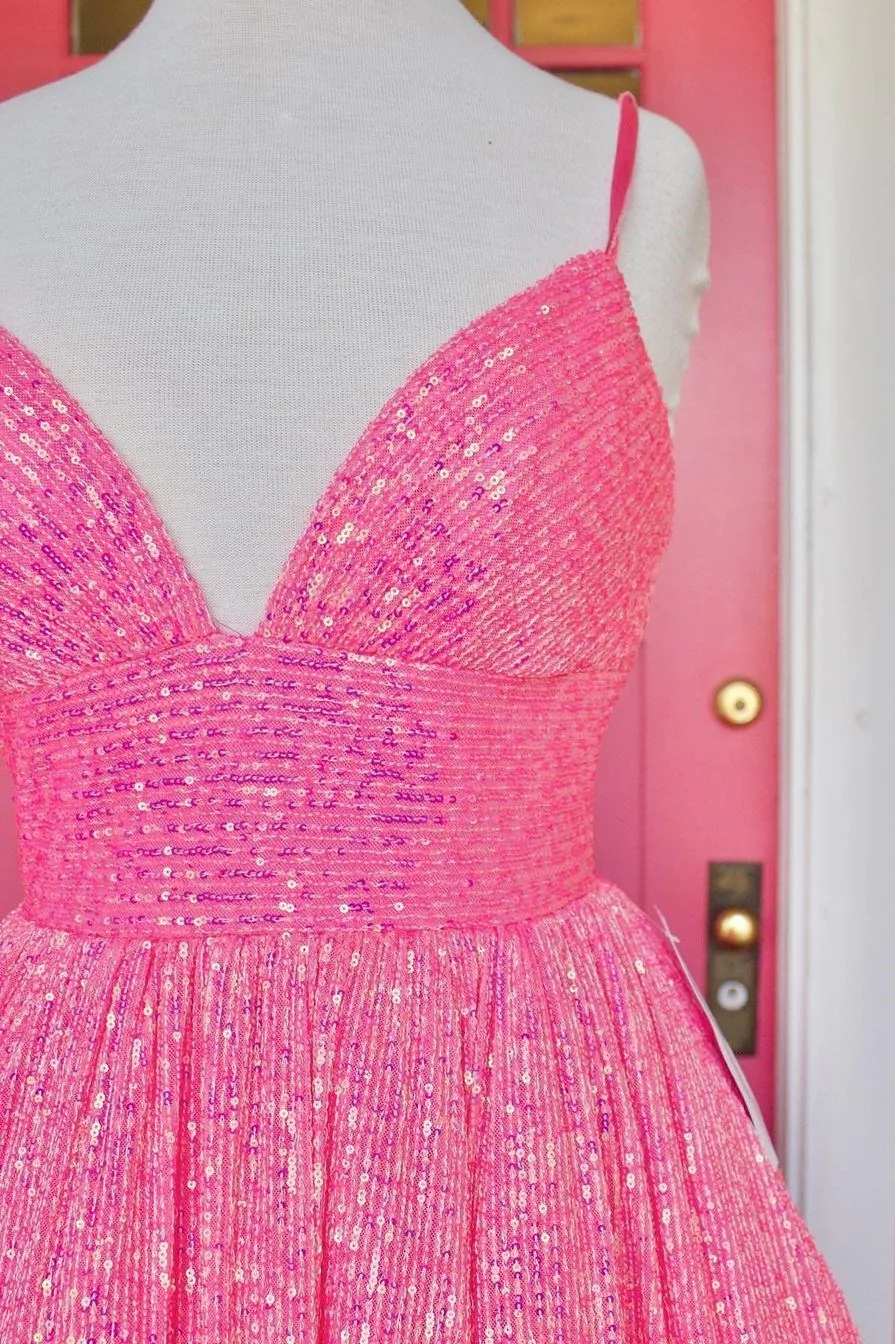 Pink Sequin Empire Long Prom Dress gh1101